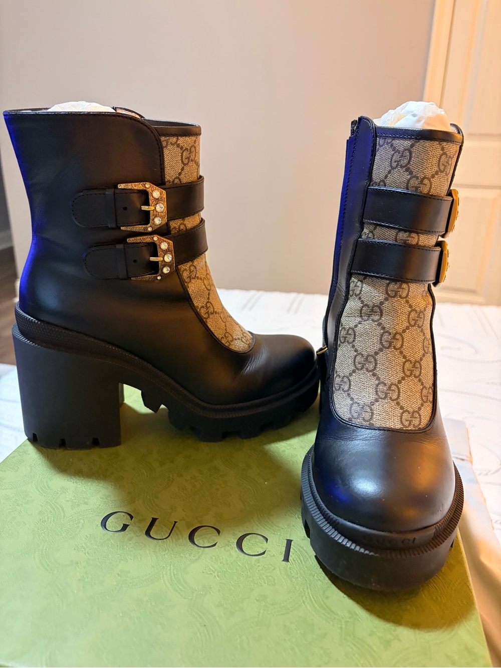 Gucci Black Leather and Beige GG Canvas Chunky Ankle Boots